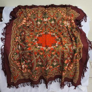 Vintage Russian floral geometric fringe shawl scarf